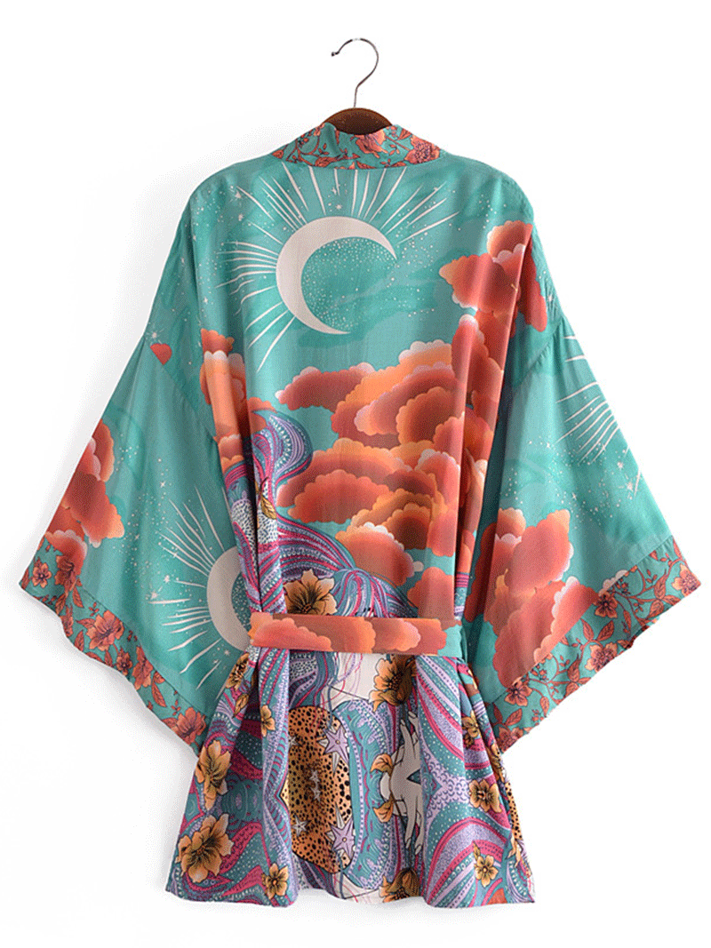 Partywear Short Kimono Floral Print Green Color Cotton Short Length Gown Kimono Duster Robe 2