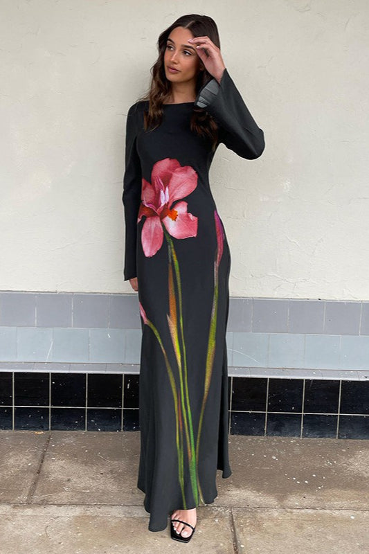 Elegant Long Sleeve Floral Print Backless Maxi Dress