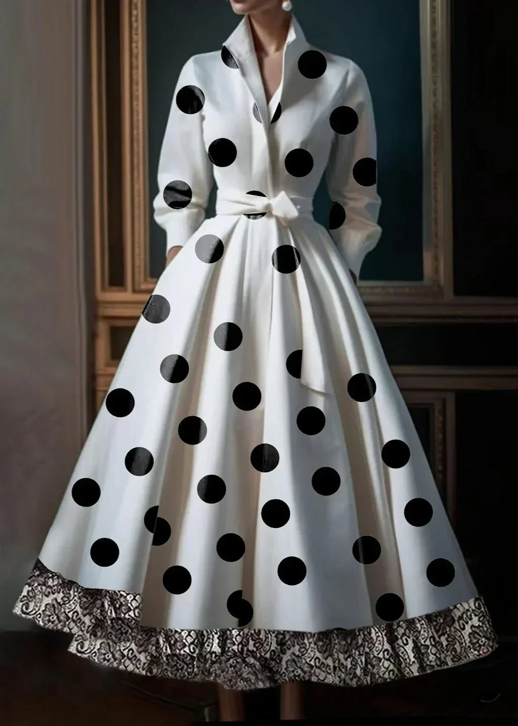 Polka Dot Lace Patchwork Belt Pocket Midi Dress