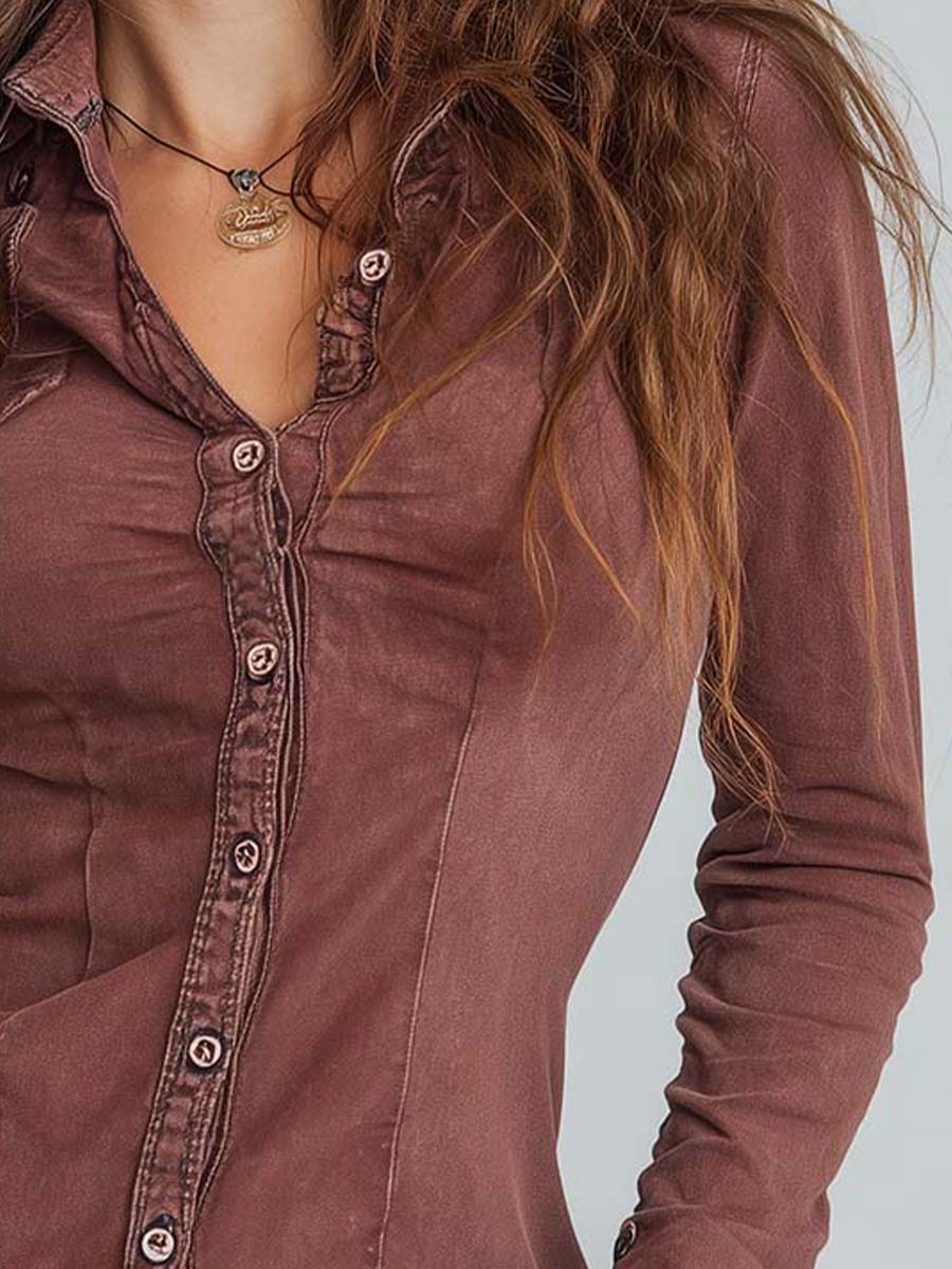 Vintage Sun-Dried Red Washed Slim Fit Shirt - Fashionpara