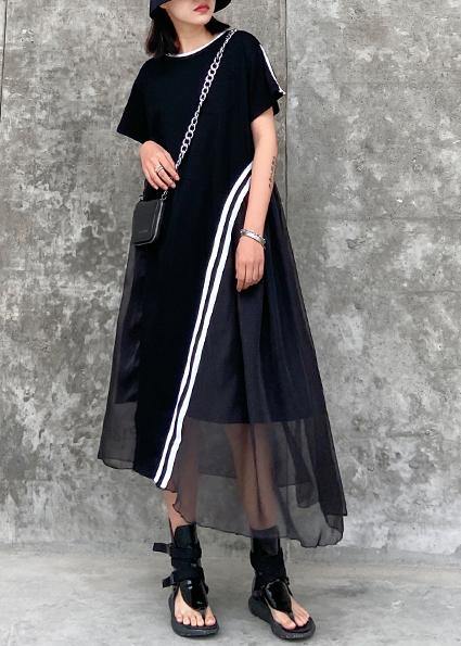 Mesh Overlay Crew Neck Short Sleeve Pocket Diagonal Stripe Midi Dress - View 3