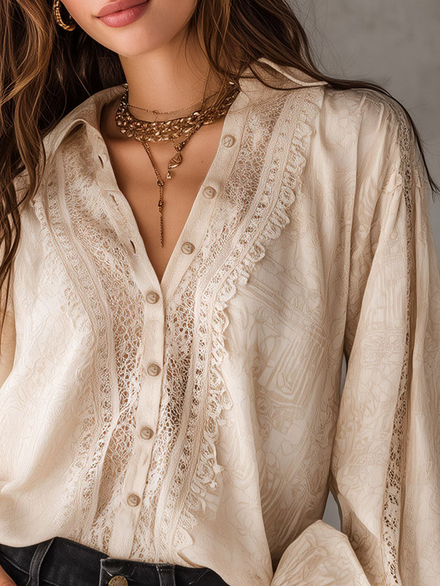 Romantic Victorian-Inspired Cream Print Lace Blouse - Fashionpara