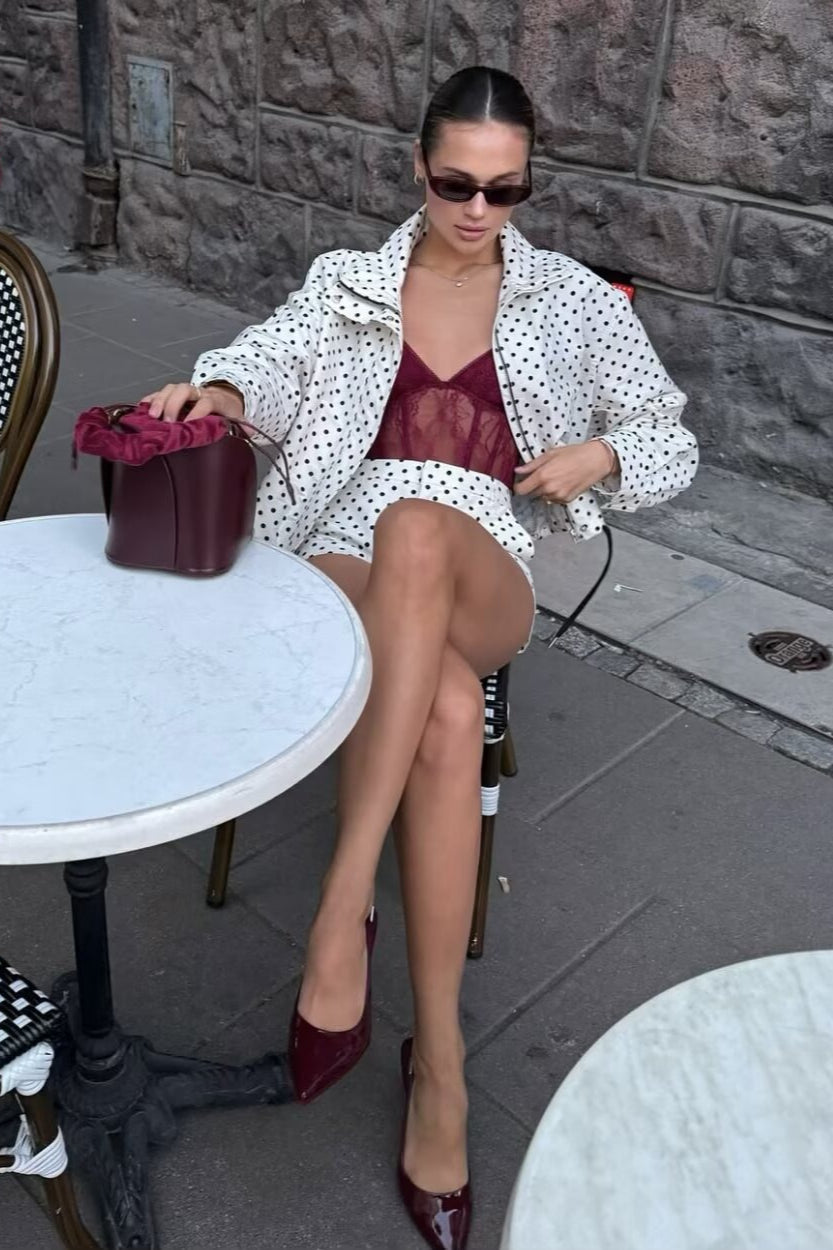 Polka Dot Drawstring Top Two Pieces Set - Fashionpara