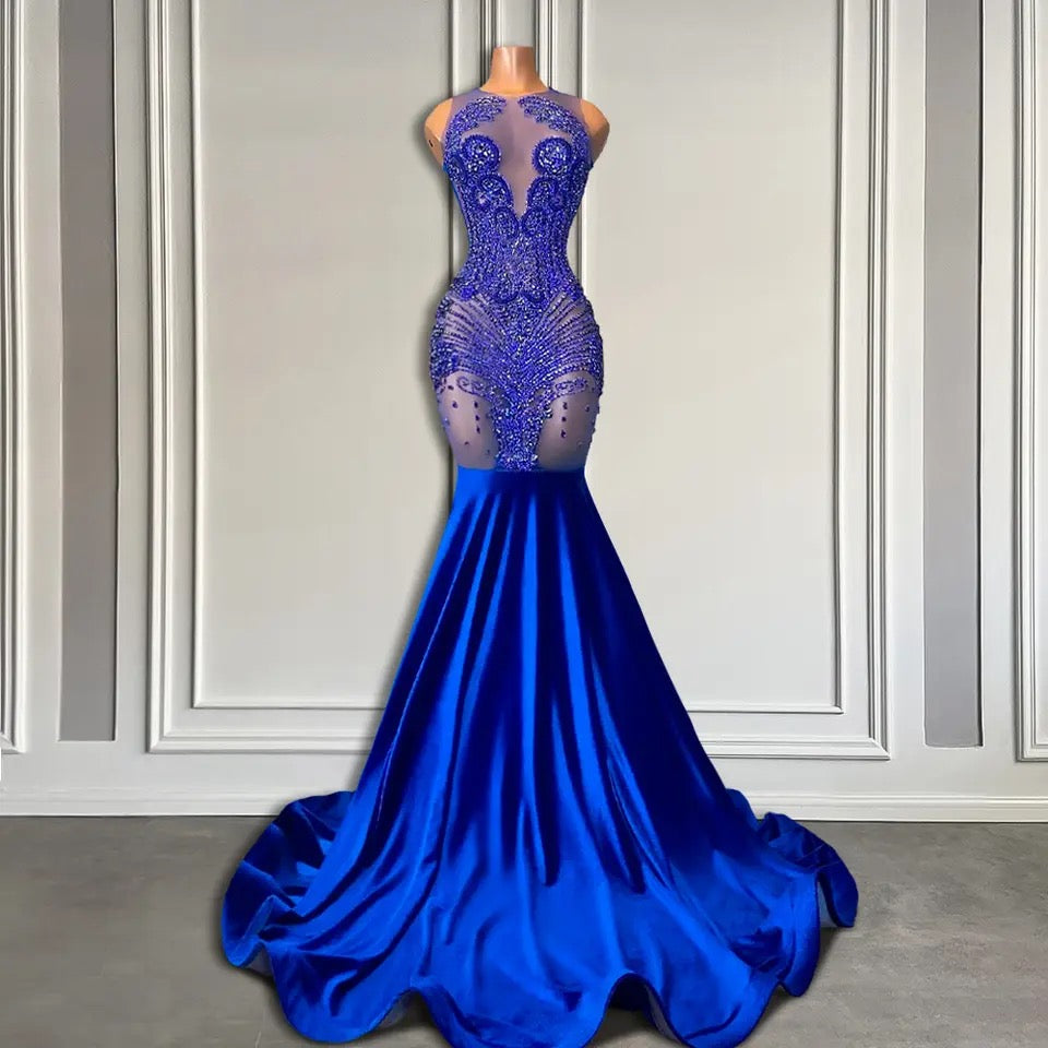 Gorgegous Sleeveless Royal Blue Scoop Neck Long Mermaid Formal Dresses with Beads - Fashionpara