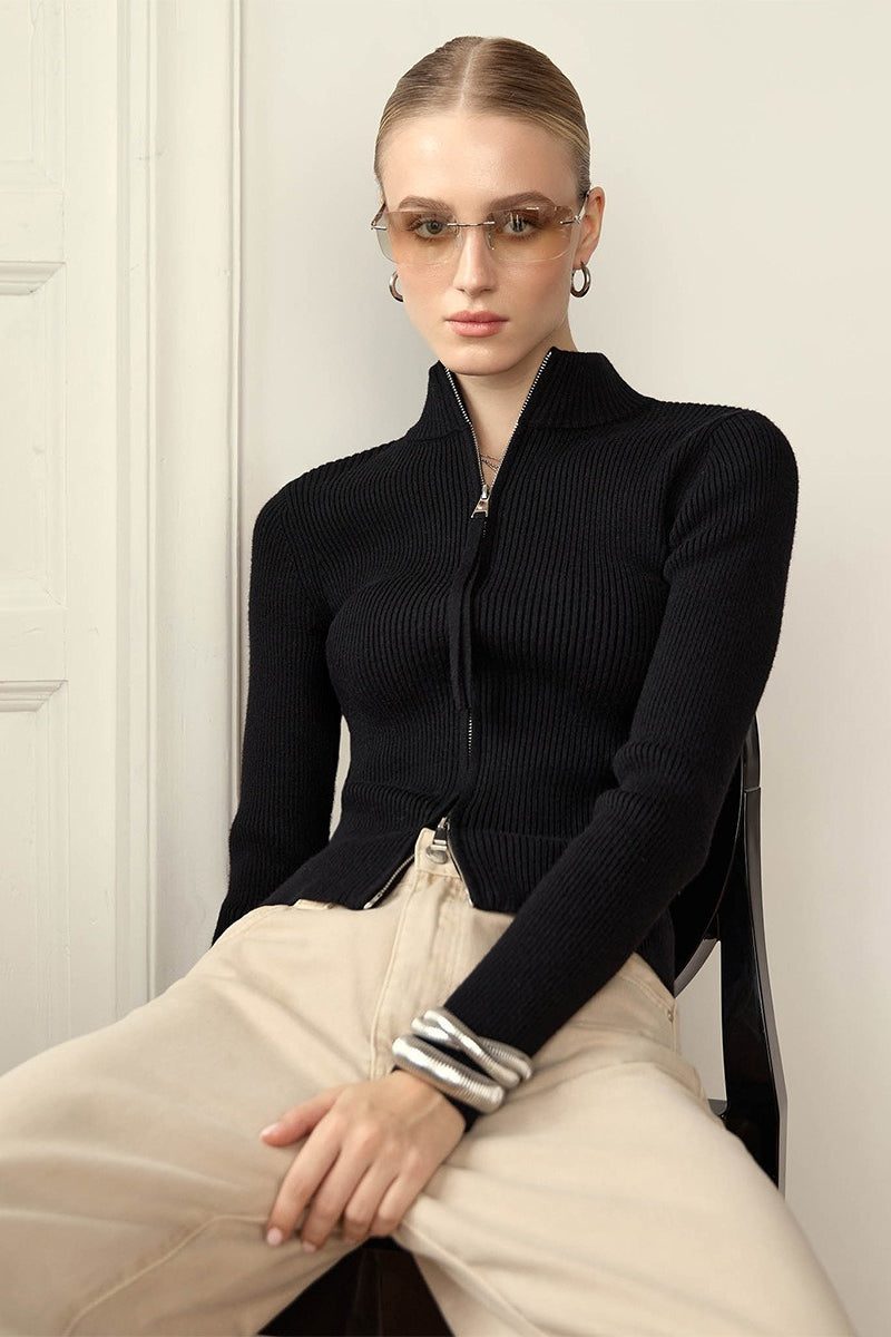 Knit Double Zipper Stand Collar Blouse