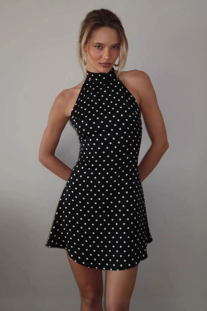 Polka Dot Halter Neck Backless Flared Mini Dress