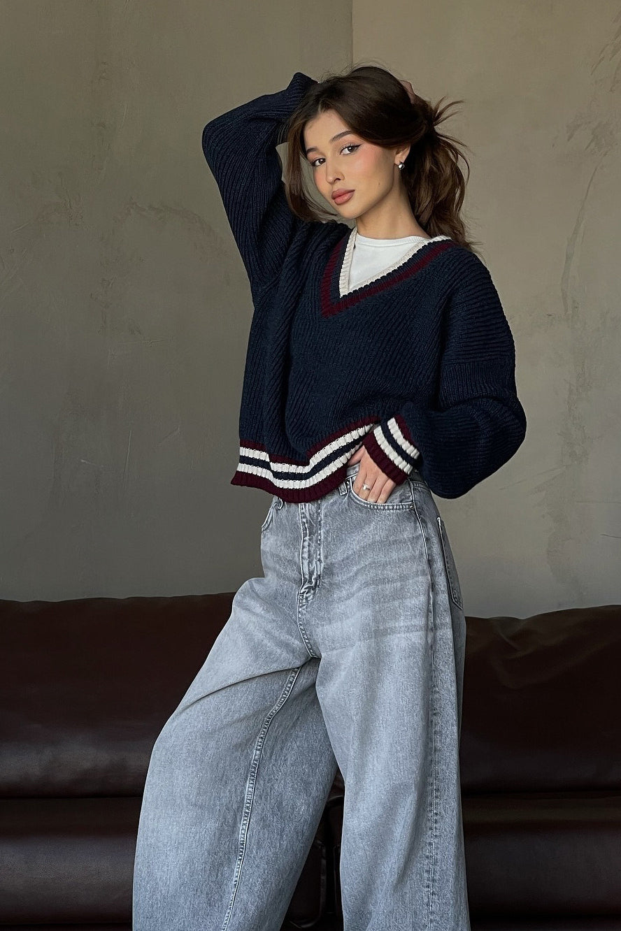 PrincessAce V Neck Striped Long Sleeve Sweater in Chic Style