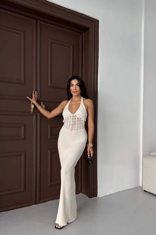 Crochet Knit Halter Neck Cut-Out Maxi Dress