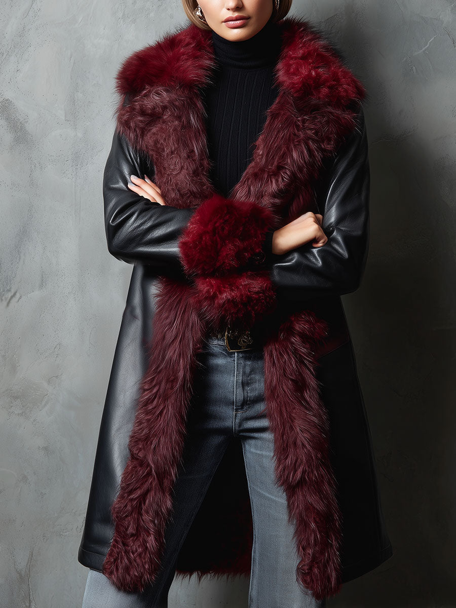 Black And Burgundy Eco Leather Long Coat With Plush Eco Fur Trim & Lining - Fashionpara
