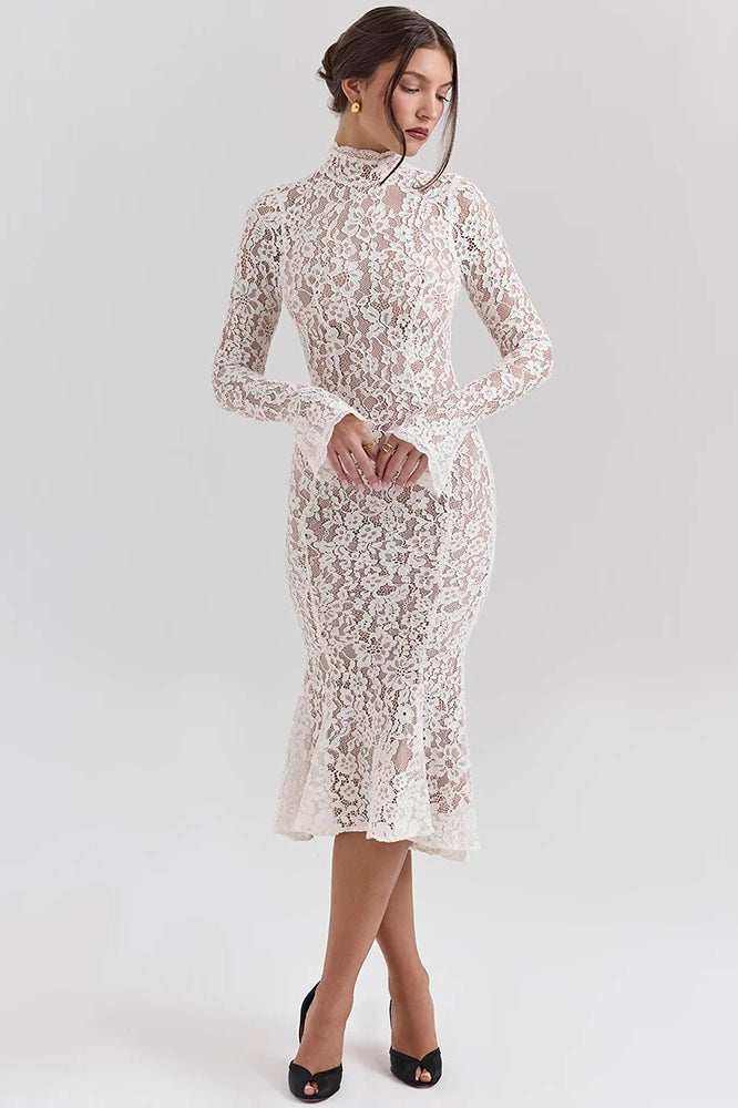 Floral Lace High Neck Long Sleeve Mermaid Midi Dress 4