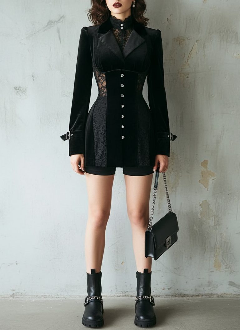 Velvet & Lace Corset-Style Blazer Dress - Fashionpara