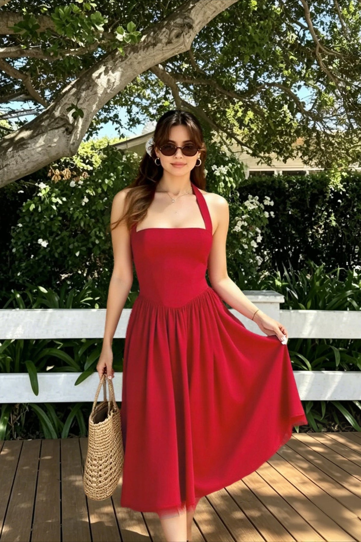 Halter Neck Basque Waist Fit and Flare Midi Dress 8