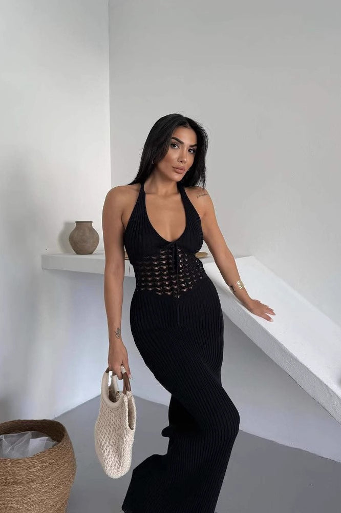 Crochet Knit Halter Neck Cut-Out Maxi Dress