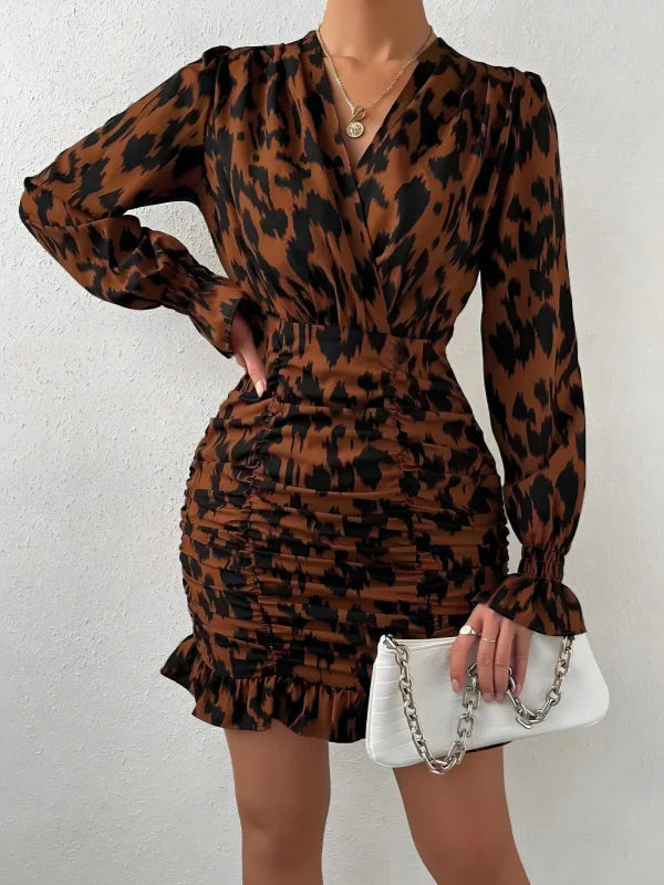 Leopard Print V-neck Tie Waist Bodycon Mini Dress Party Dress