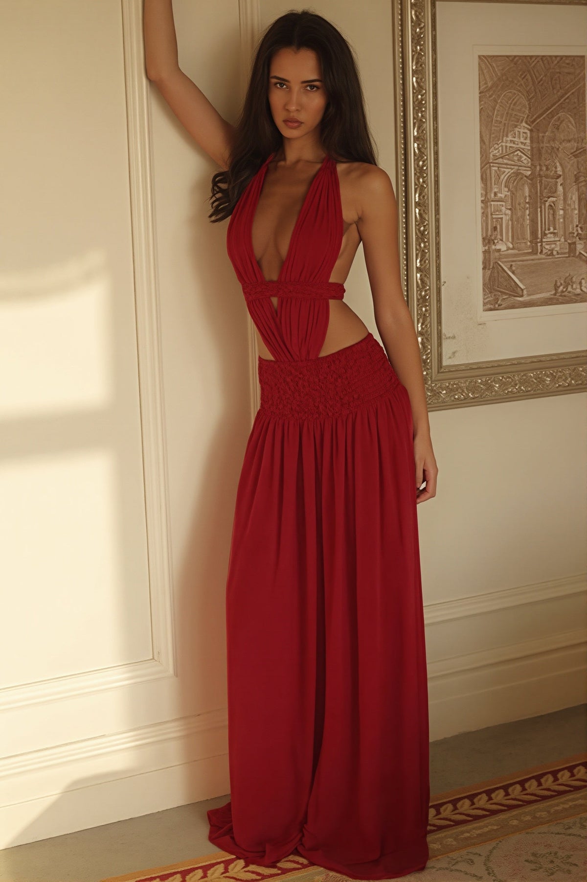 Deep V Cut Out Open Back Maxi Gown