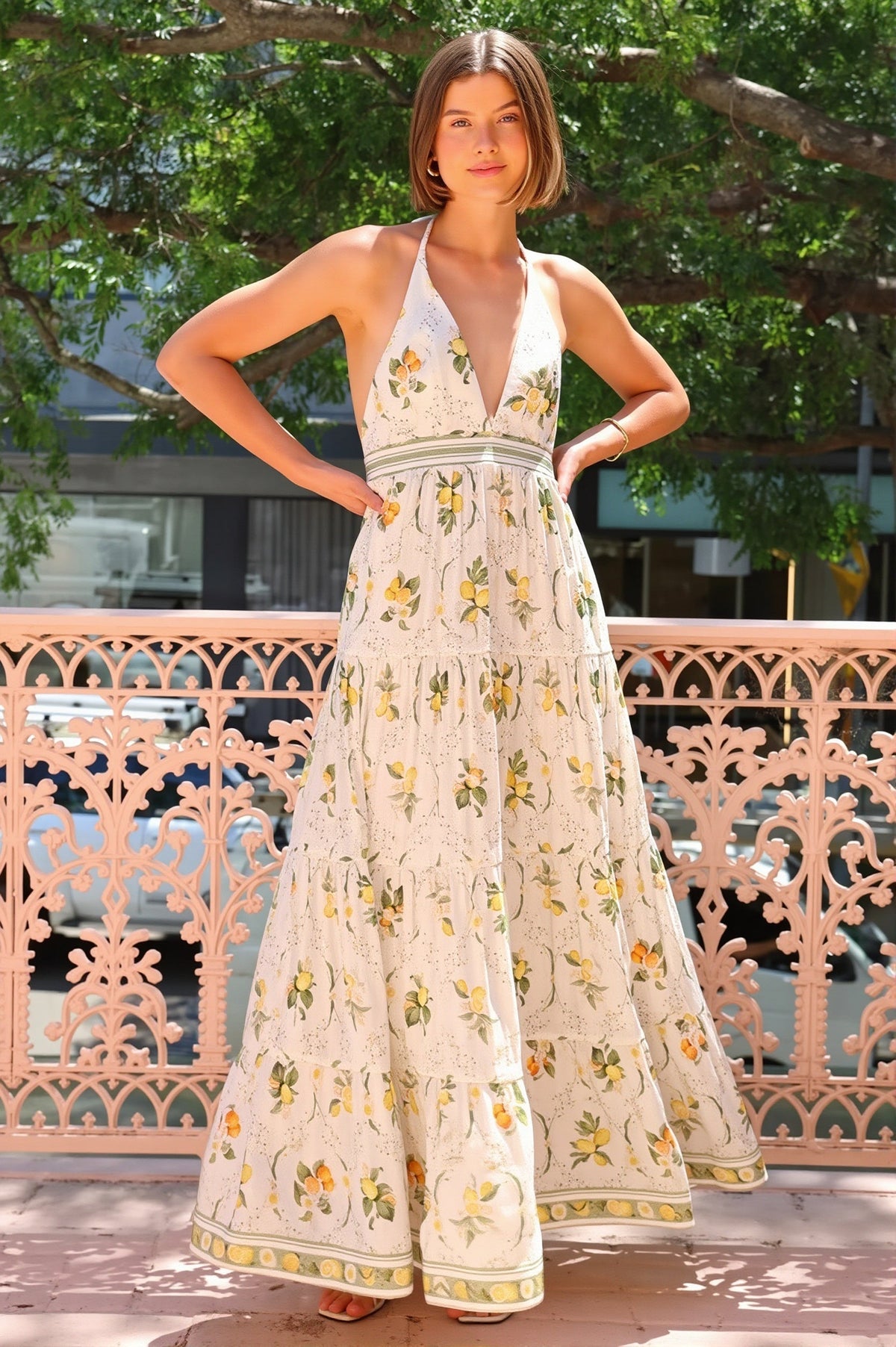 Lemon Print Halter Neck Tiered Maxi Dress