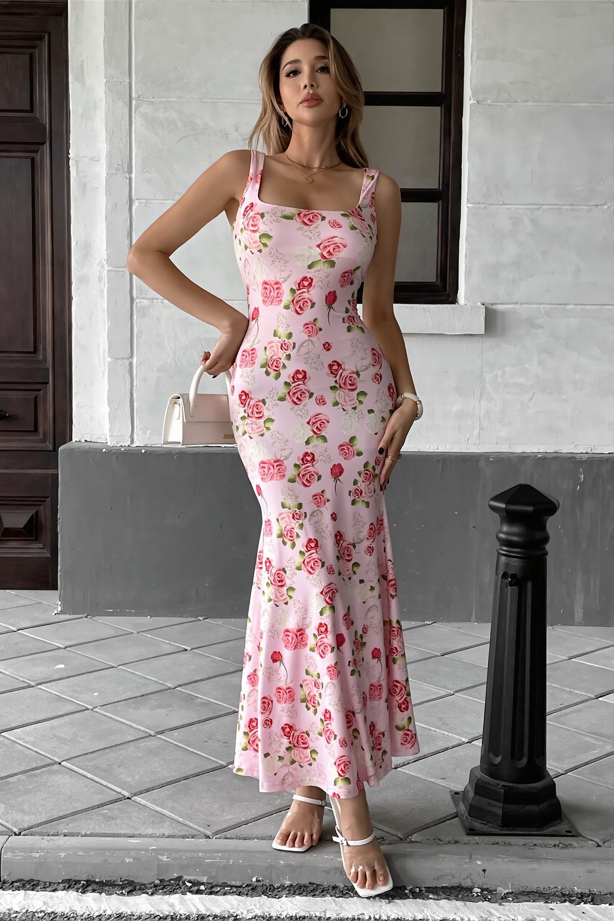 Rose Floral Scoop Neck Bodycon Mermaid Maxi Dress 3