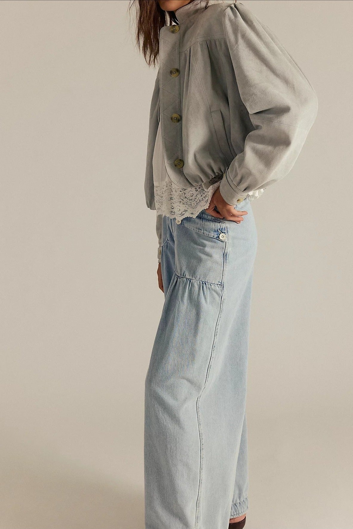 Ruched Mid Rise Wide Leg Jeans