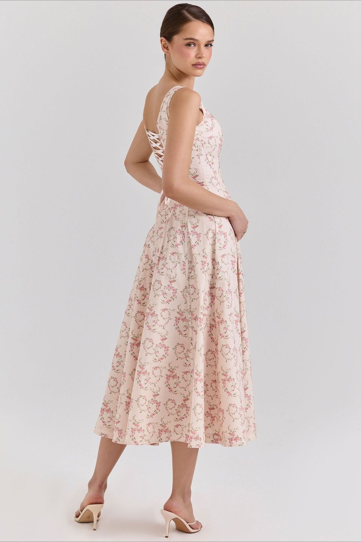 Floral Print Square Neck Corset Fit & Flare Midi Dress