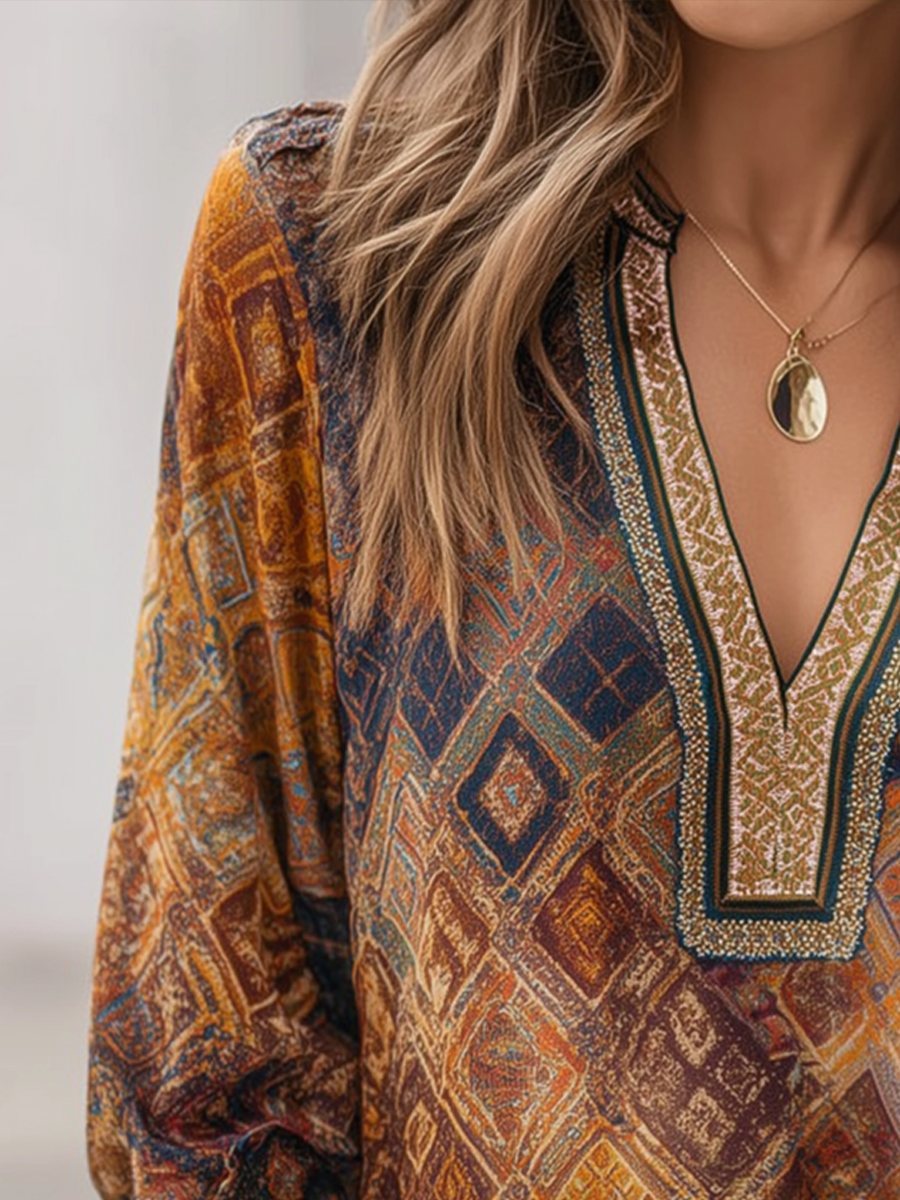 Retro Colorful Diamond Long-sleeved Blouse - Fashionpara