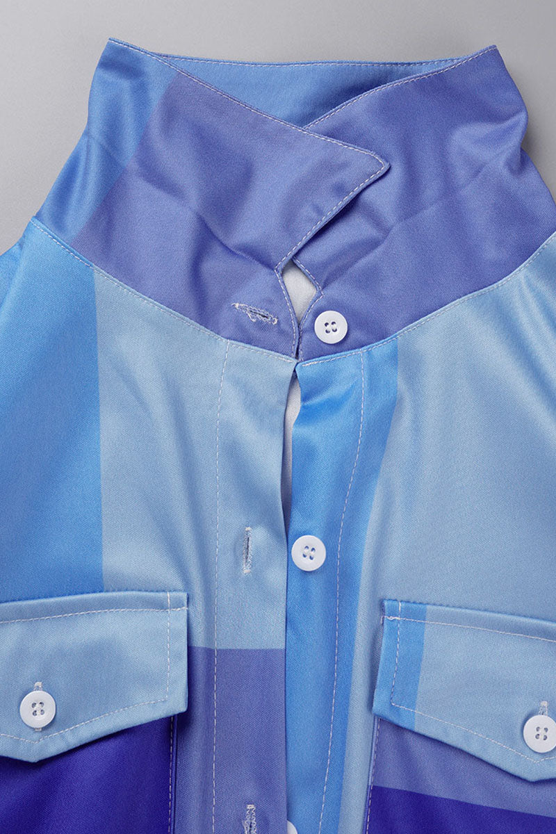 Casual Striped Print Patchwork Buckle Turndown Collar Shirt Dress Dresses Fashionpara