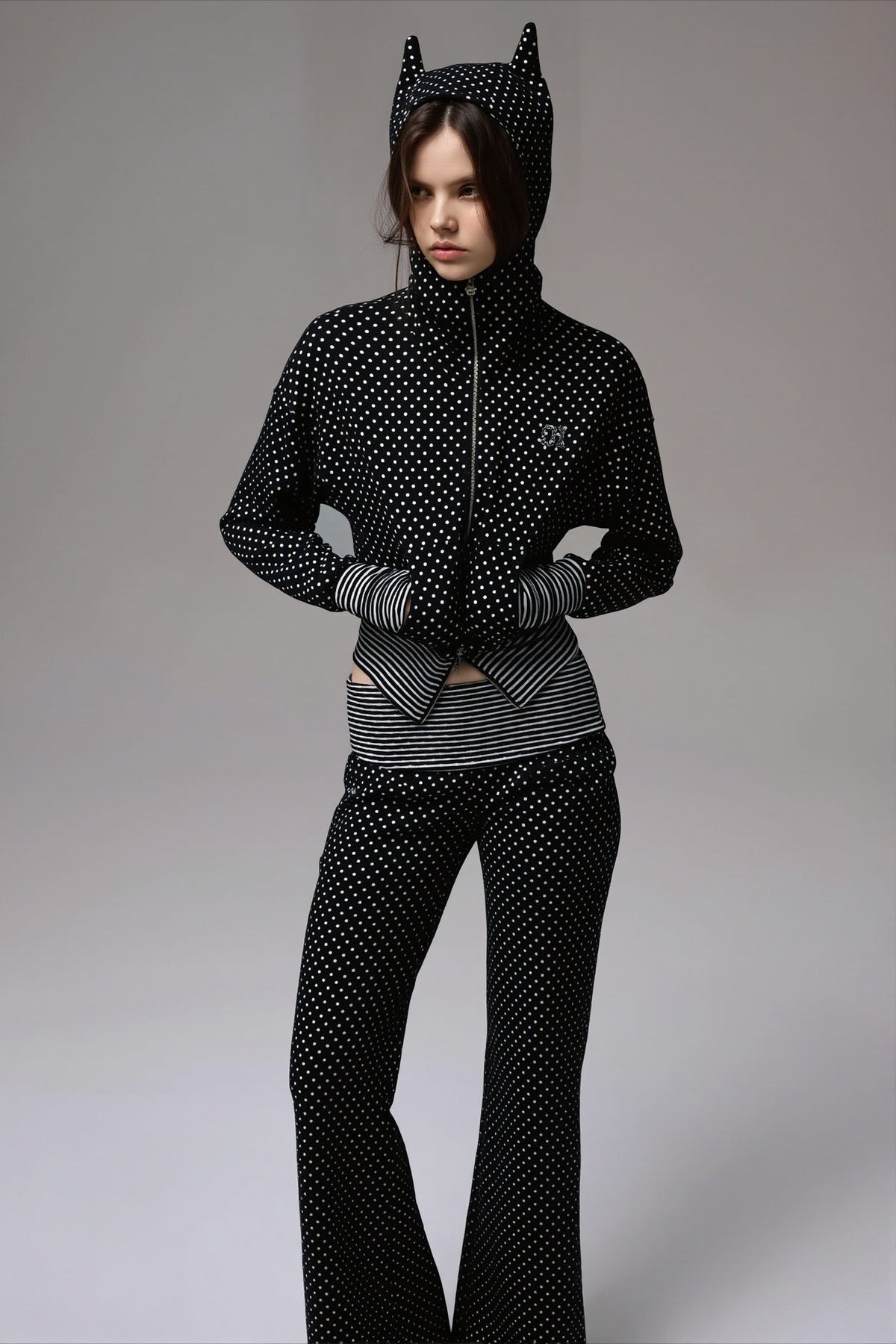 Polka Dot Cat Ear Zip Front Cropped Hoodie