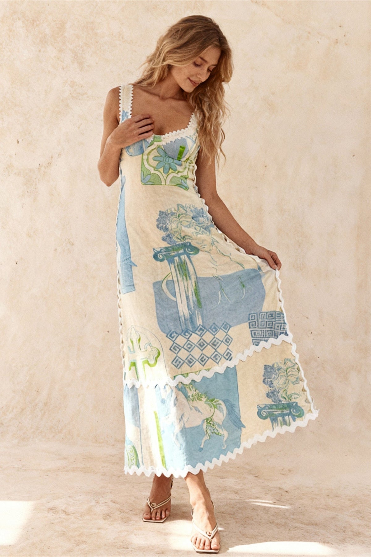 Printed Square Neck Tie Back Scallop Trim Maxi Dress 2