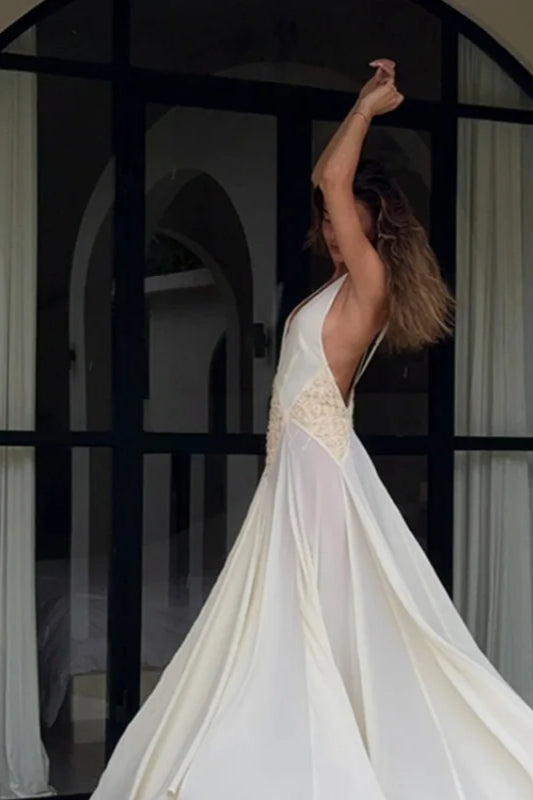 Deep V-Neck Spaghetti Strap Lace A-Line Maxi Gown 2