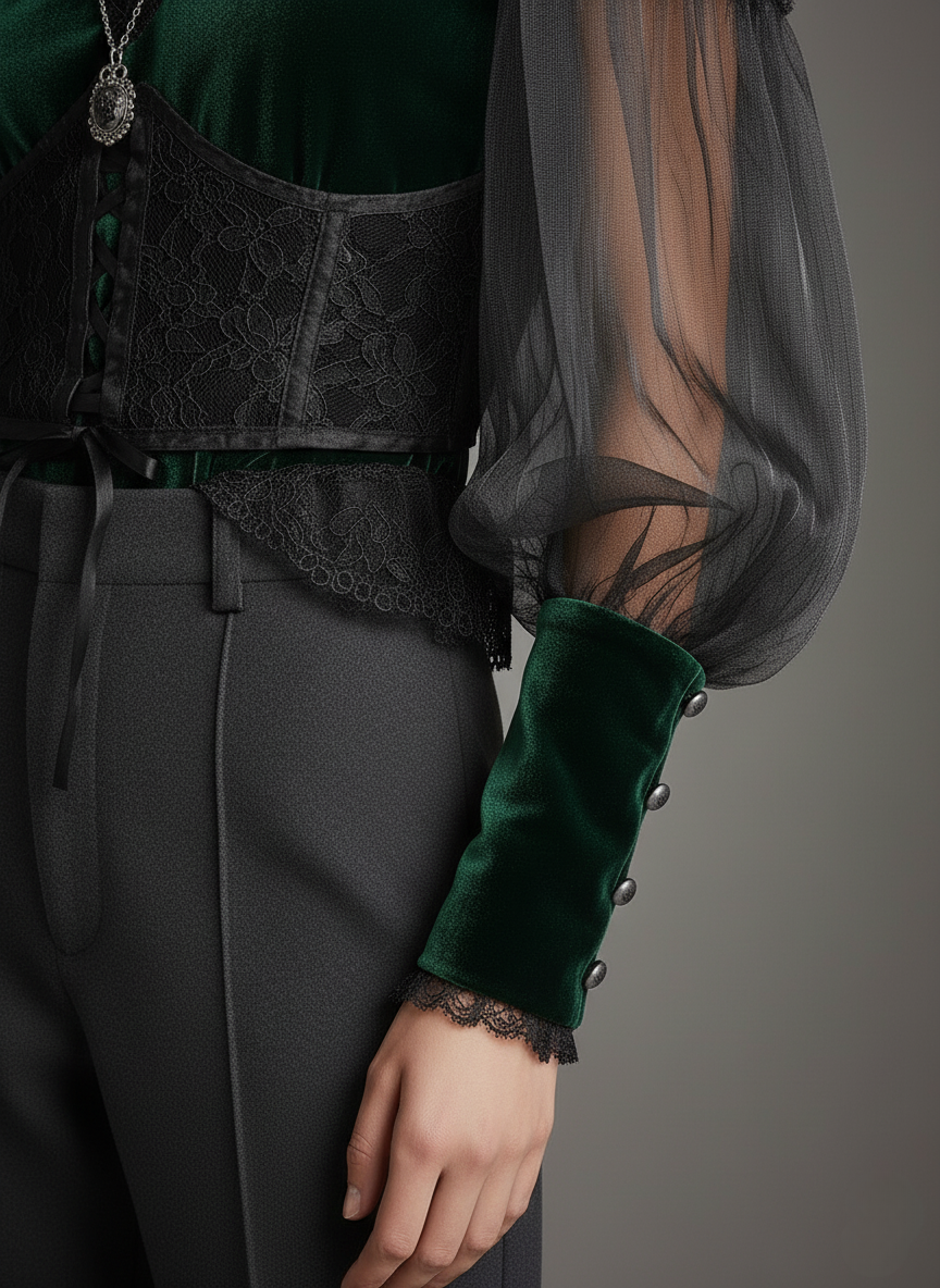 Emerald Velvet & Sheer Lace Corset Blouse - Fashionpara