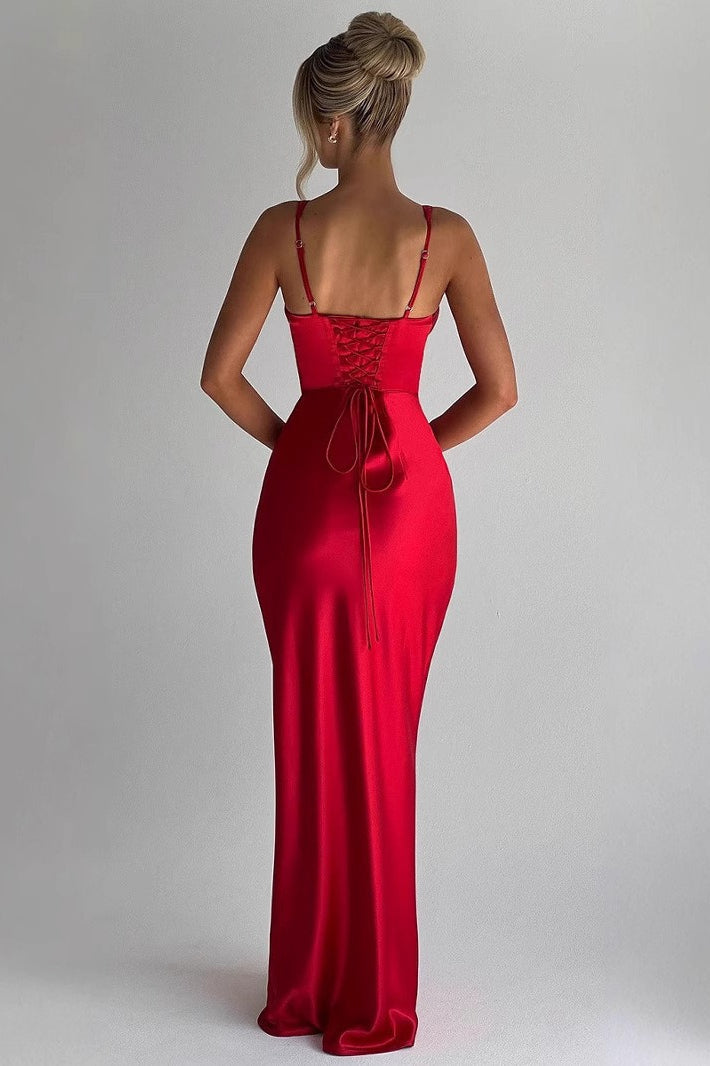 V-Neck Bone Structure Satin Backless Silk Dress - View 4