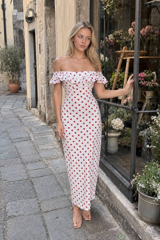 Polka Dot Off Shoulder Ruffle Midi Dress