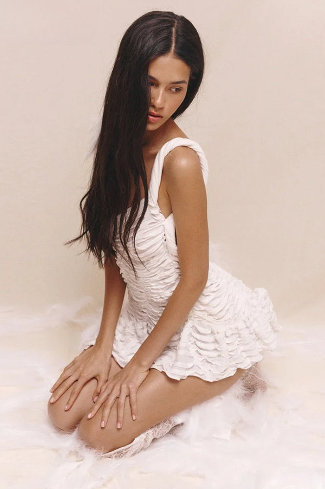 Textured Ruched Sweetheart Asymmetric Mini Dress
