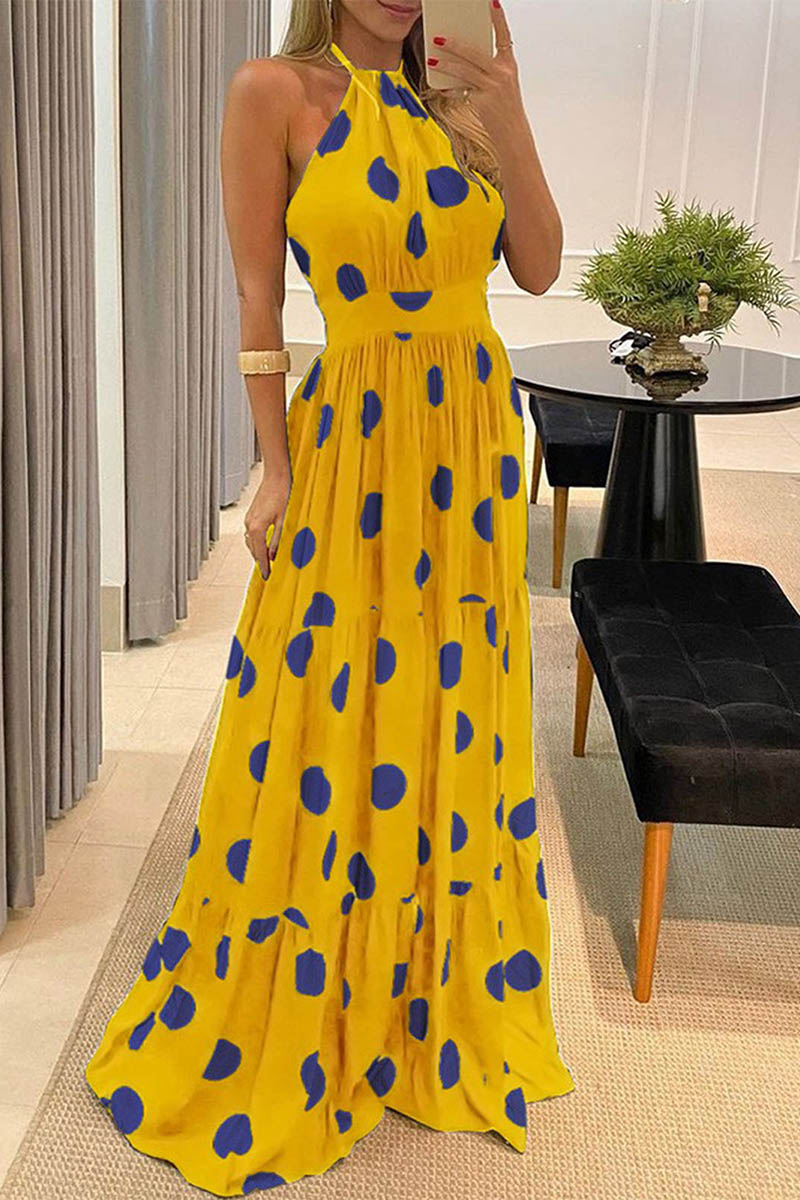 Sexy Dot Print Halter Maxi Dress