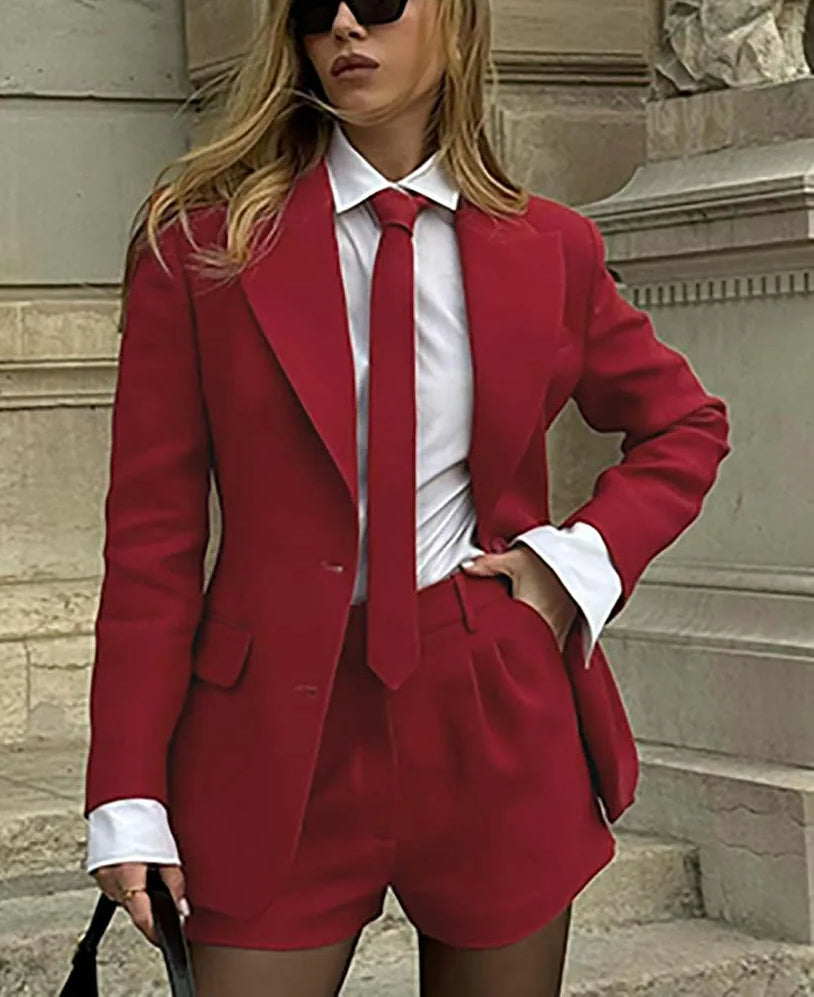 Red Pockets Tie Button Shorts Office Two Piece Set