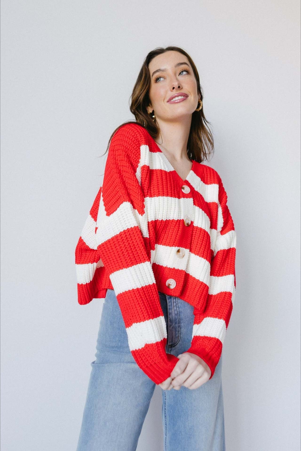 Elegant Long Sleeve V Neck Knit Cardigan with Stripes