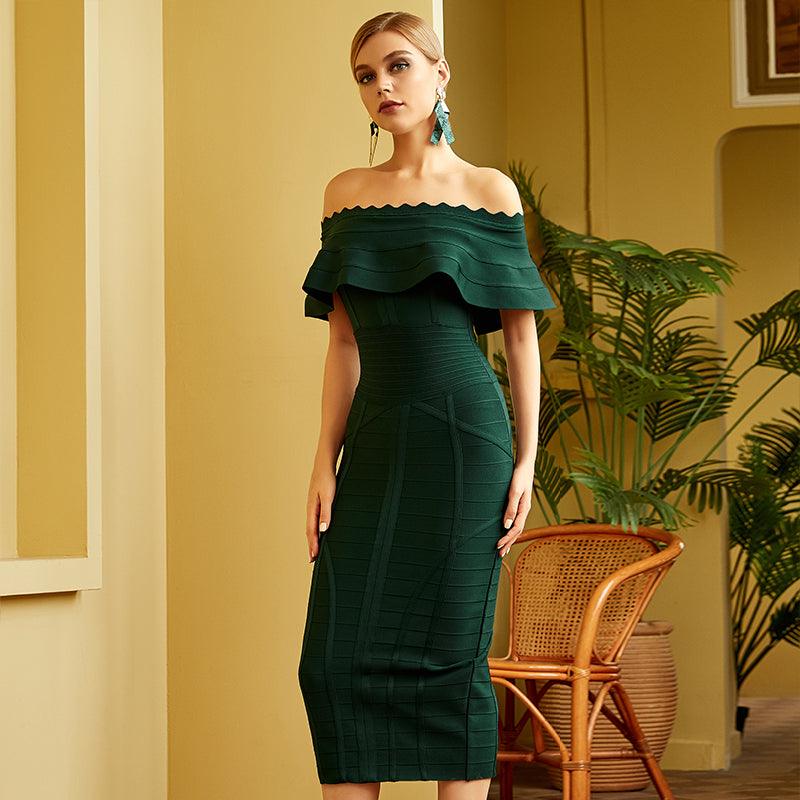 Emerald Green Off Shoulder Bandage Dress - Fashionpara