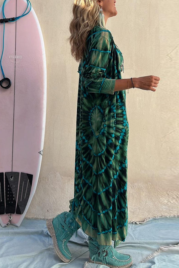Suntan Smiles Tie Dye Print Open Front Long Sleeve Pocketed Kimono Cover-up - Fashionpara