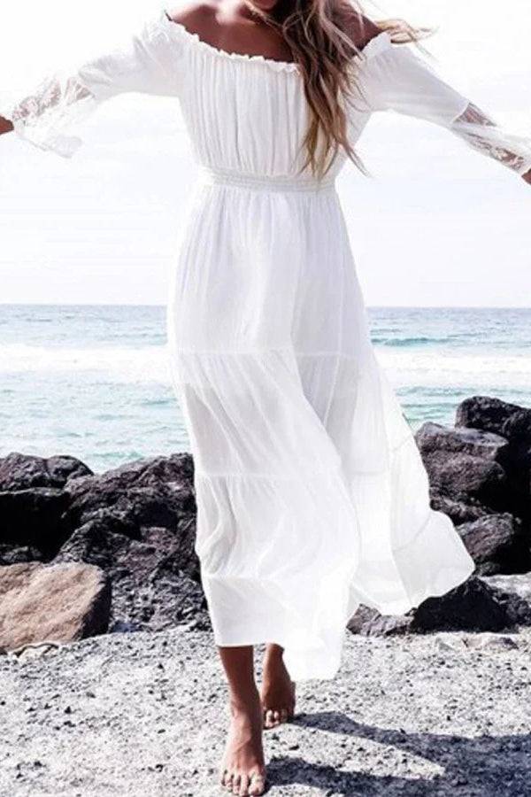Lace Off Shoulder Long Sleeve Tiered Maxi Dress 15