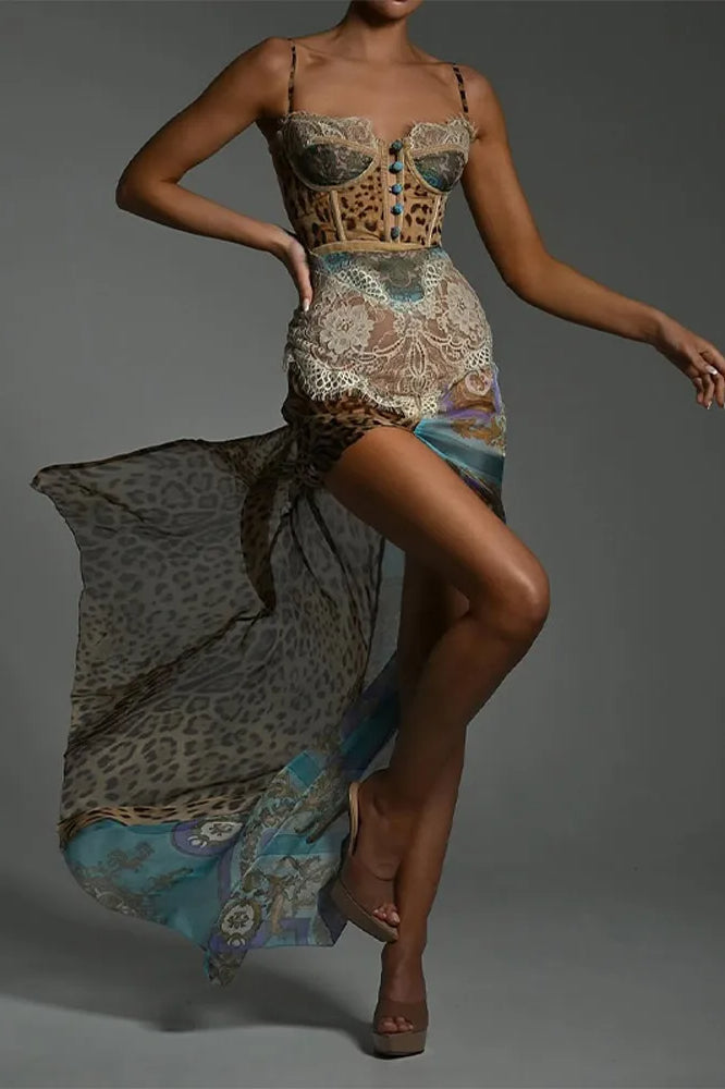 Leopard Print Corset Lace Trim High Split Maxi Dress 3