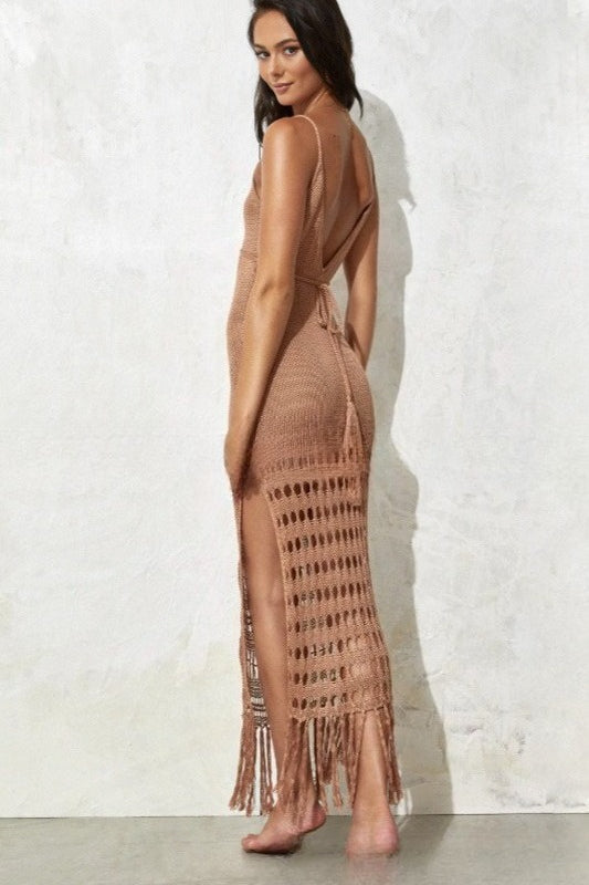 Beach Crochet Fringe Tank V Neck Boho Dress - Fashionpara