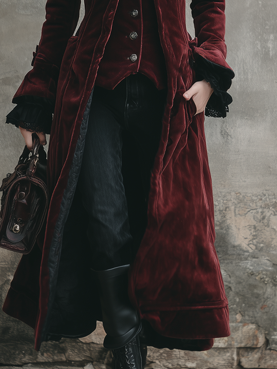 Vintage Lace Ruffle Cuffs Polyester Velvet Coat