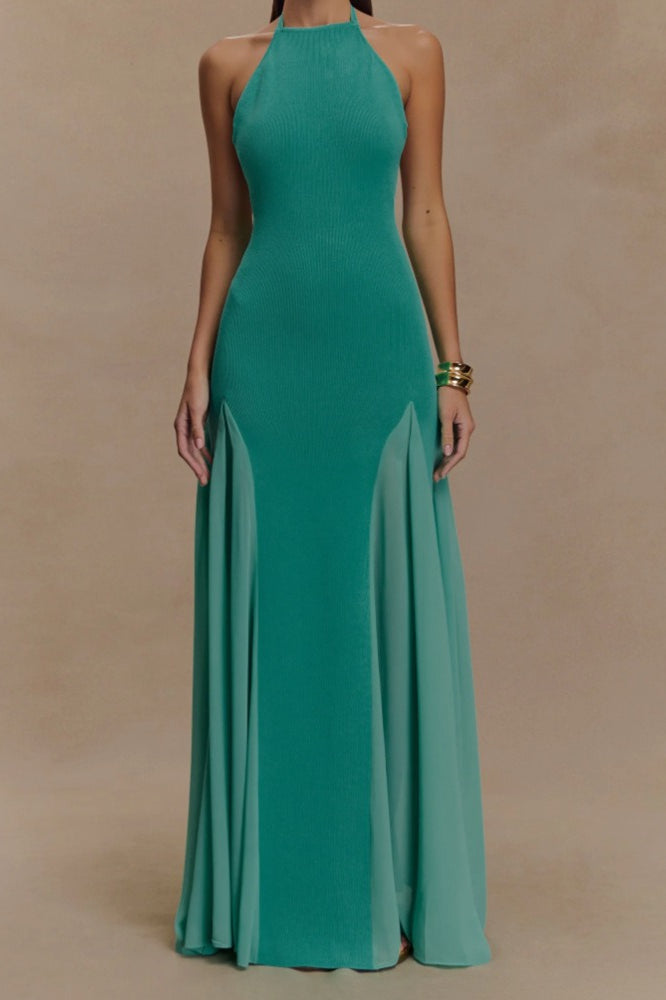 Halter Neck Open Back Sheer Panel Mermaid Gown 9