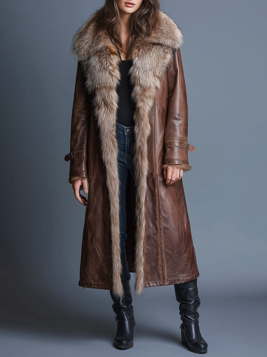Vintage Brown Long Eco Leather Trench Coat WithEco Fur Collar - Fashionpara