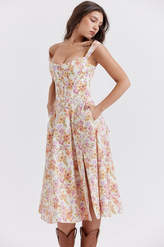 Floral Print Square Neck Corset Midi Dress