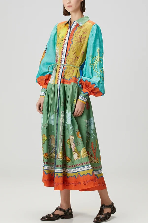 Puts A Smile Unique Print Lapel Lantern Sleeve Waist Tie Midi Dress - Fashionpara