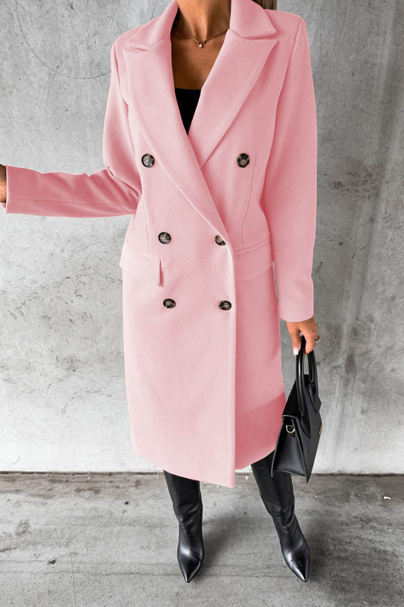 Solid Color Long Sleeve Double Breasted Coat with Pockets - Fashionpara