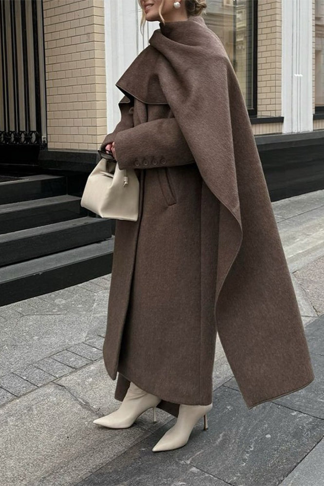 Extra-Long Woolen Overcoat with Scarf Collar for Elegance