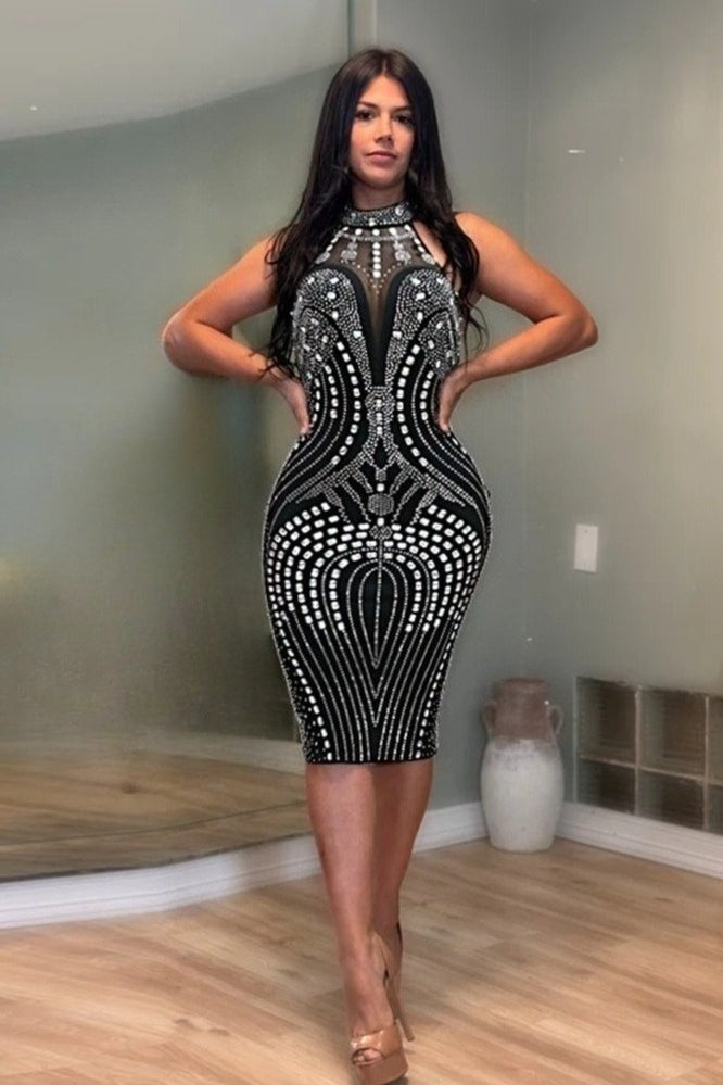 Rhinestone Embellished High-Neck Bodycon Midi Dress