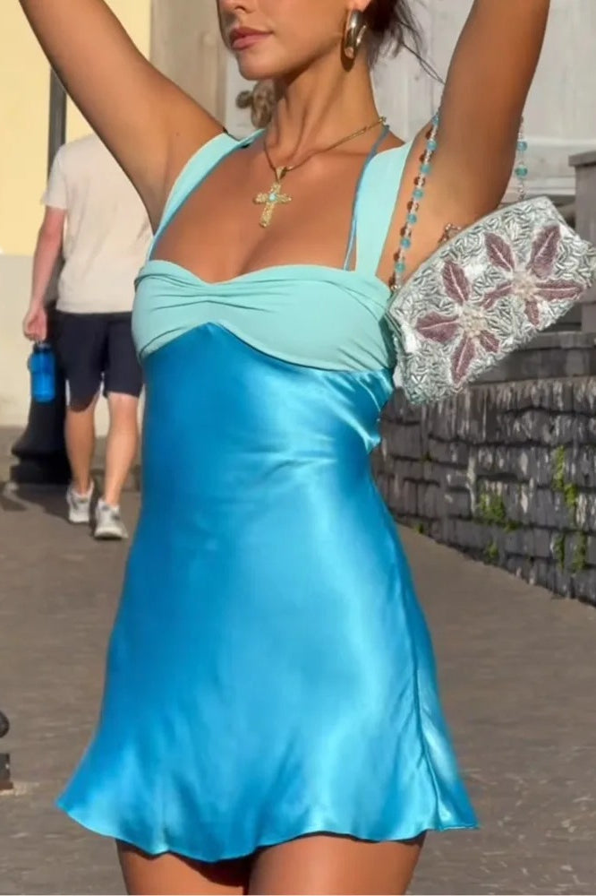 Patchwork Strapless Lace-Up Mini Dress