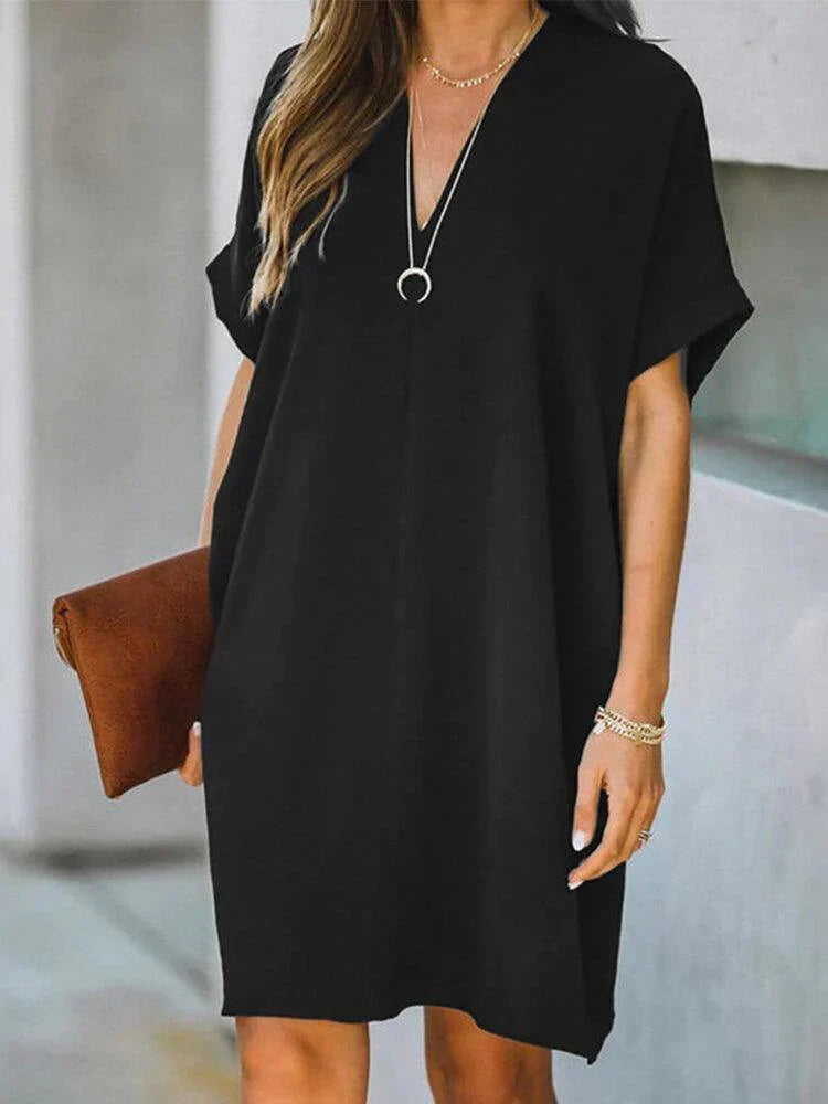 Deep V-Neck Dolman Short Sleeve Loose Shift Mini Dress